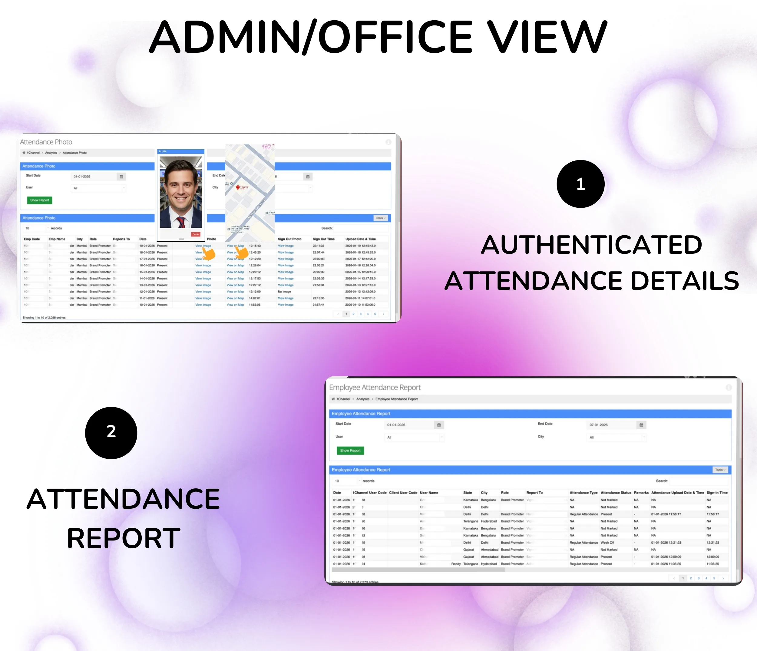 Attendance software admin dashboard with real-time analytics
