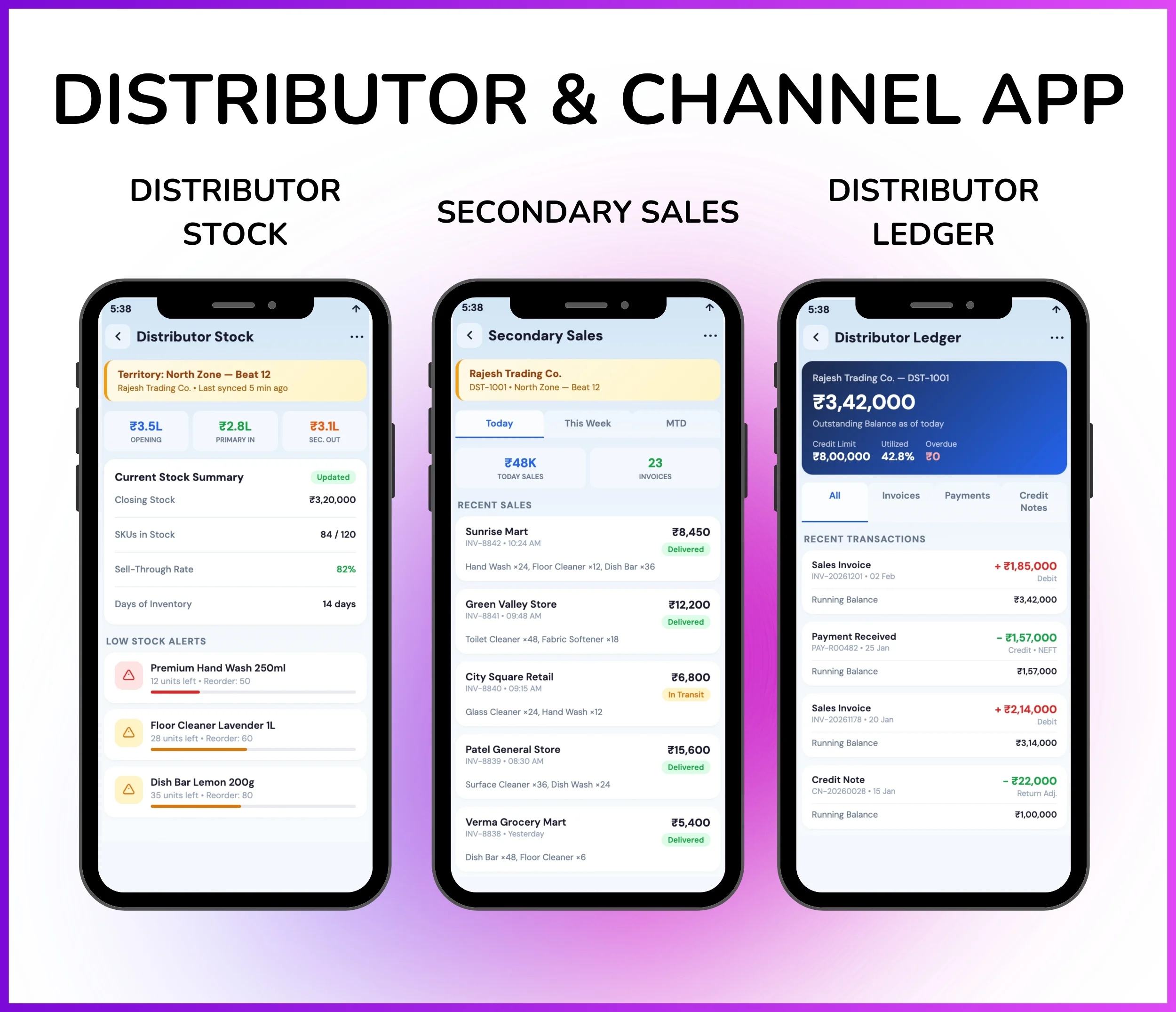 Distributor channel mobile app showing distributor stock, secondary sales, and distributor ledger view