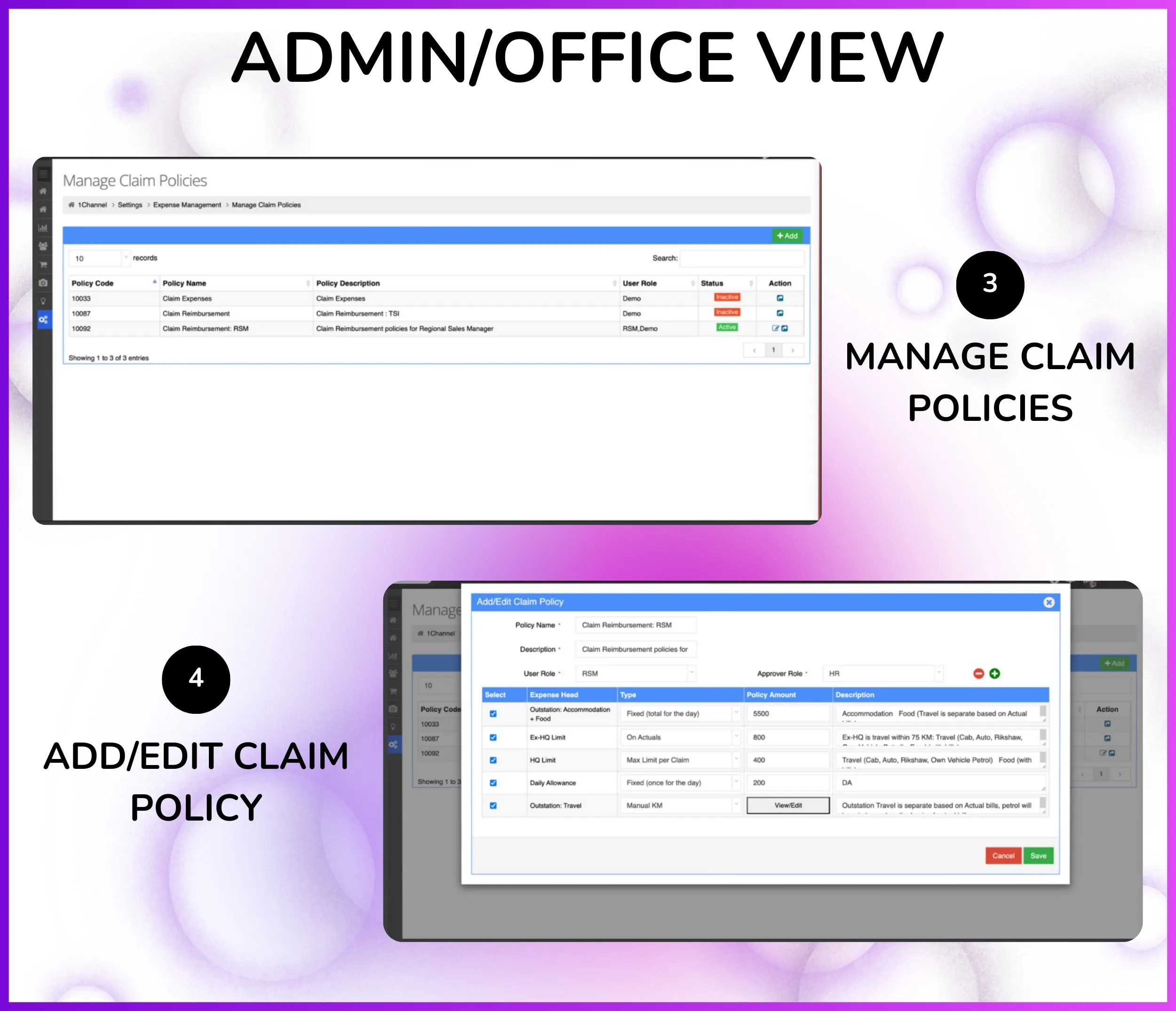 Mobile expense claim submission with Request Code, Month, Date, and Amount fields
