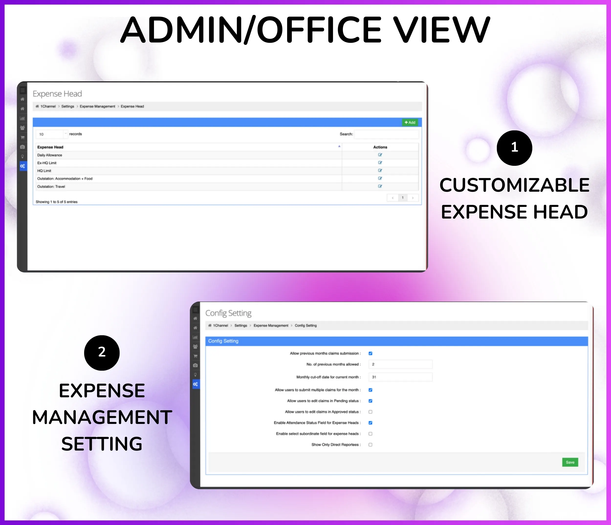 Expense head configuration screen showing Travel, Fuel, Meals, Accommodation setup