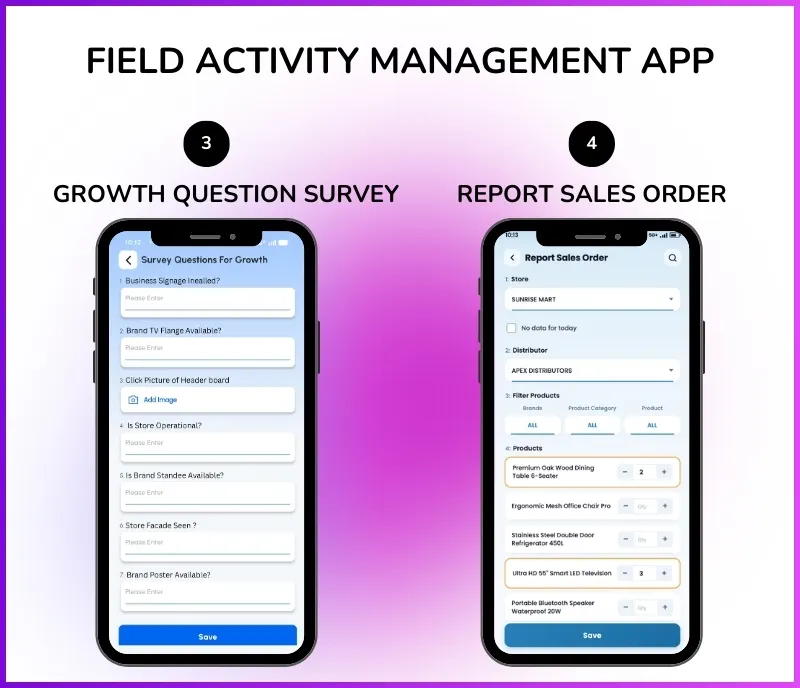 Mobile app displaying growth metrics, questionnaire surveys, and sales order reports