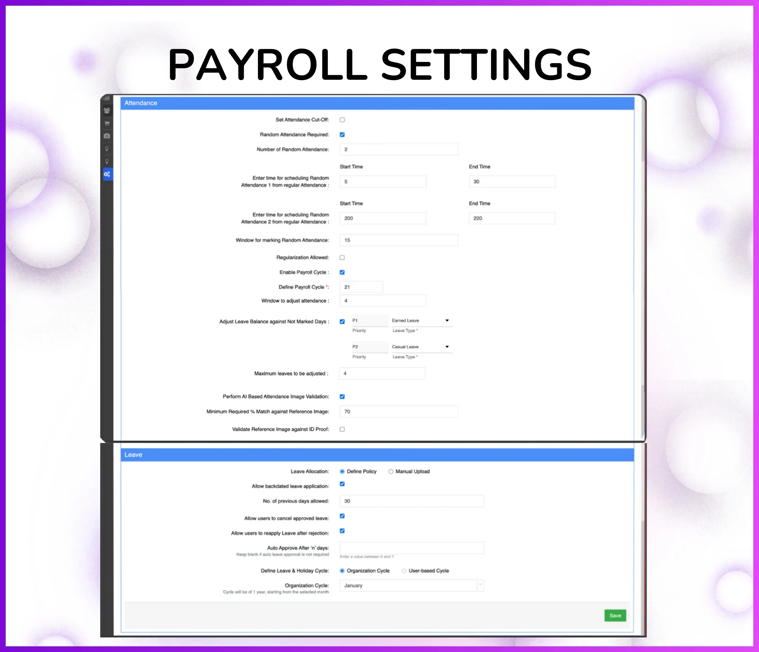 HR analytics dashboard with attendance trends, leave utilization, expense reports, and workforce metrics