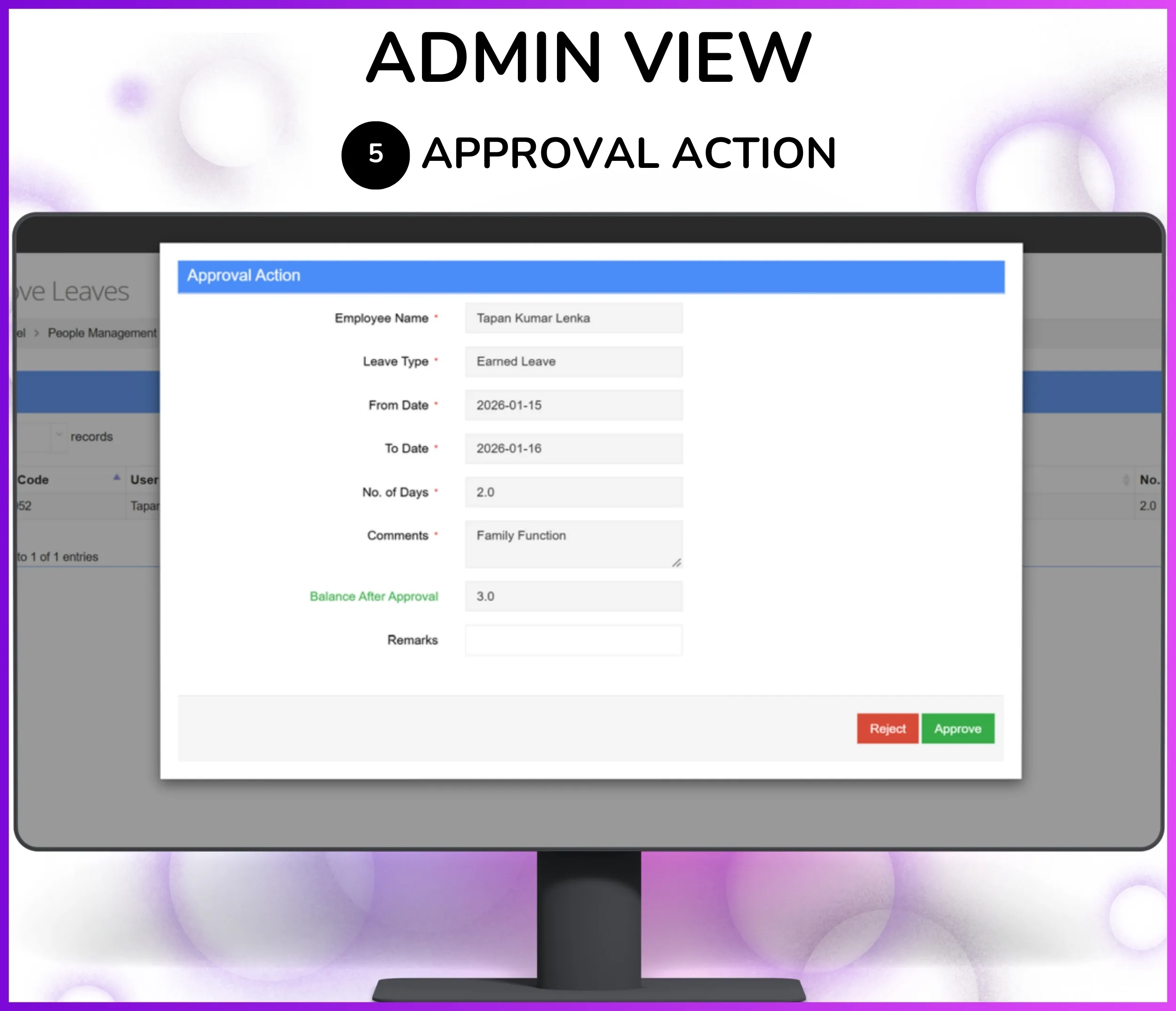 Leave approval workflow interface showing reporting hierarchy and approval policy