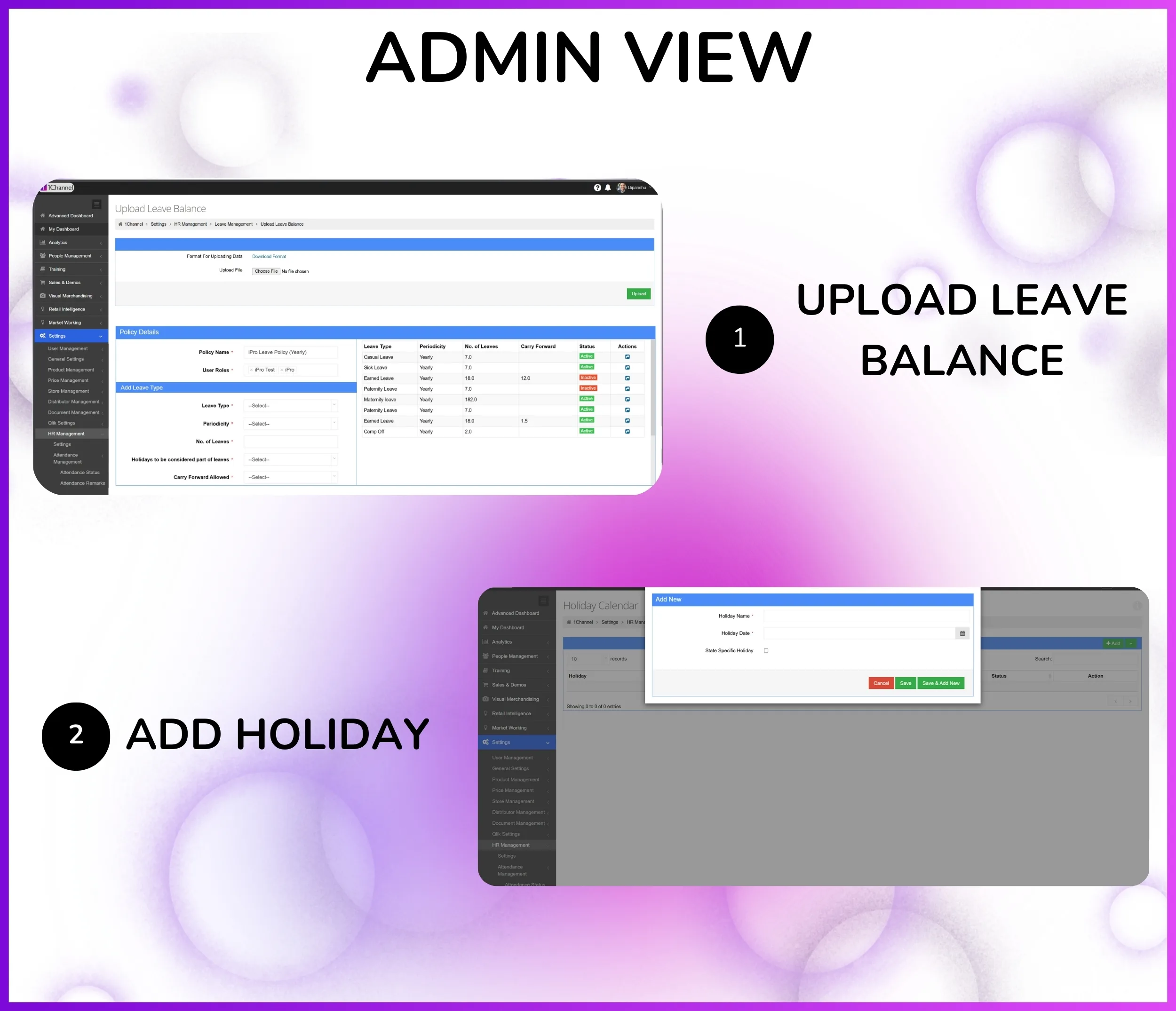 Leave type configuration screen showing Casual, Earned, Sick leave setup