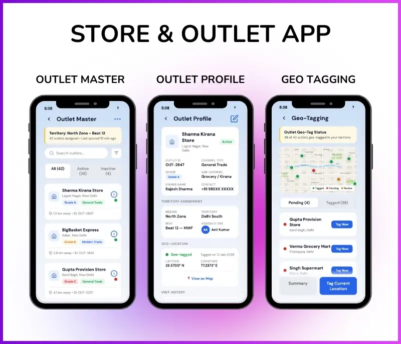 Mobile app outlet master showing outlet profile and geo-tagging features