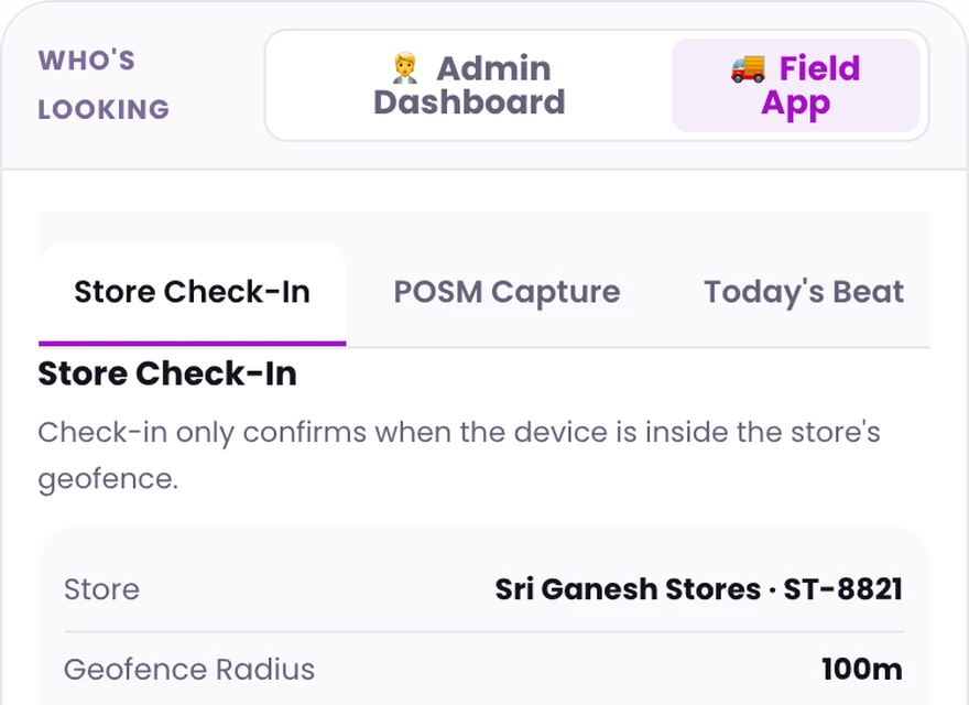 1Channel field app store check-in screen with geofence radius and distance validation