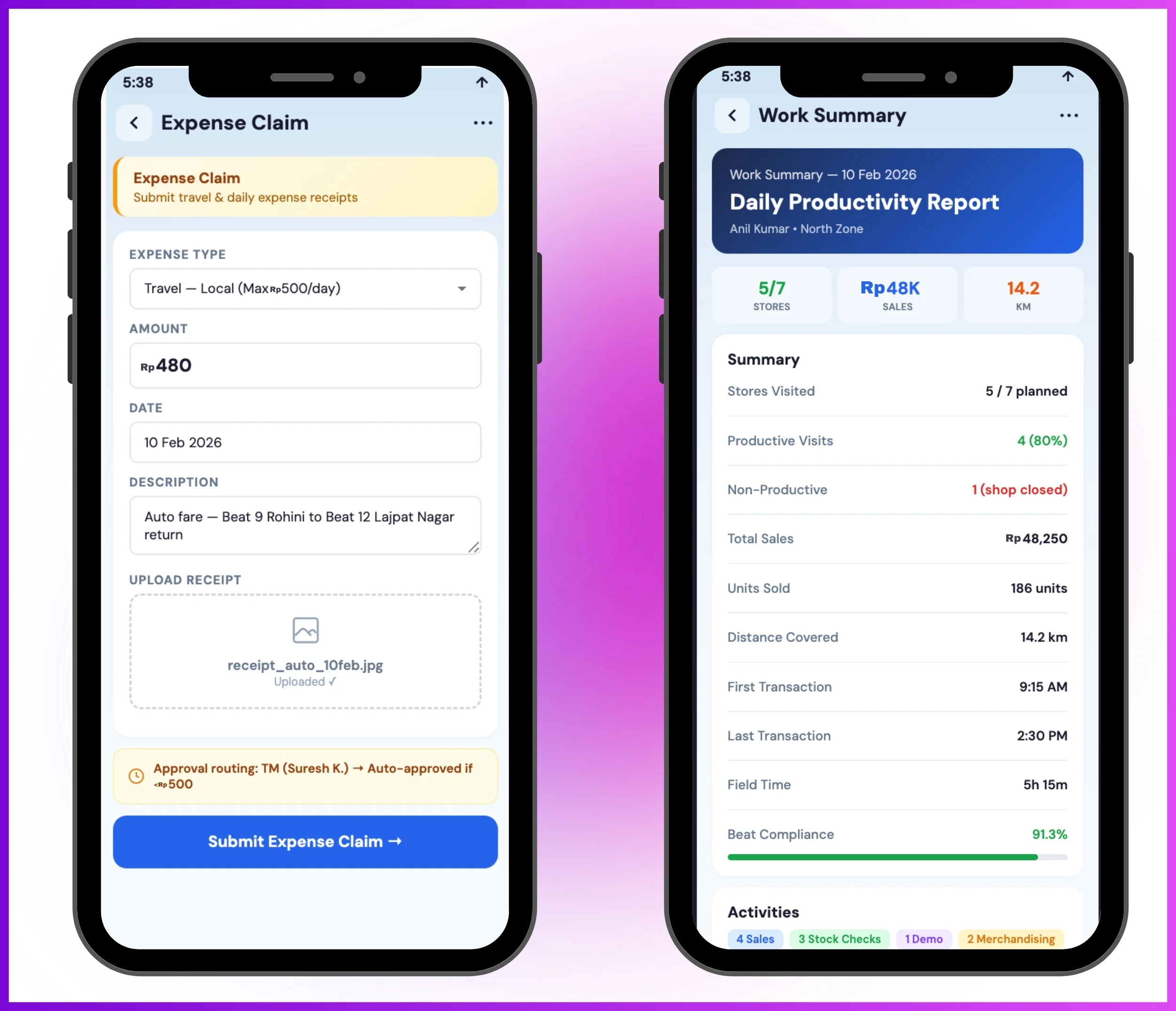 Mobile app expense claim and work summary