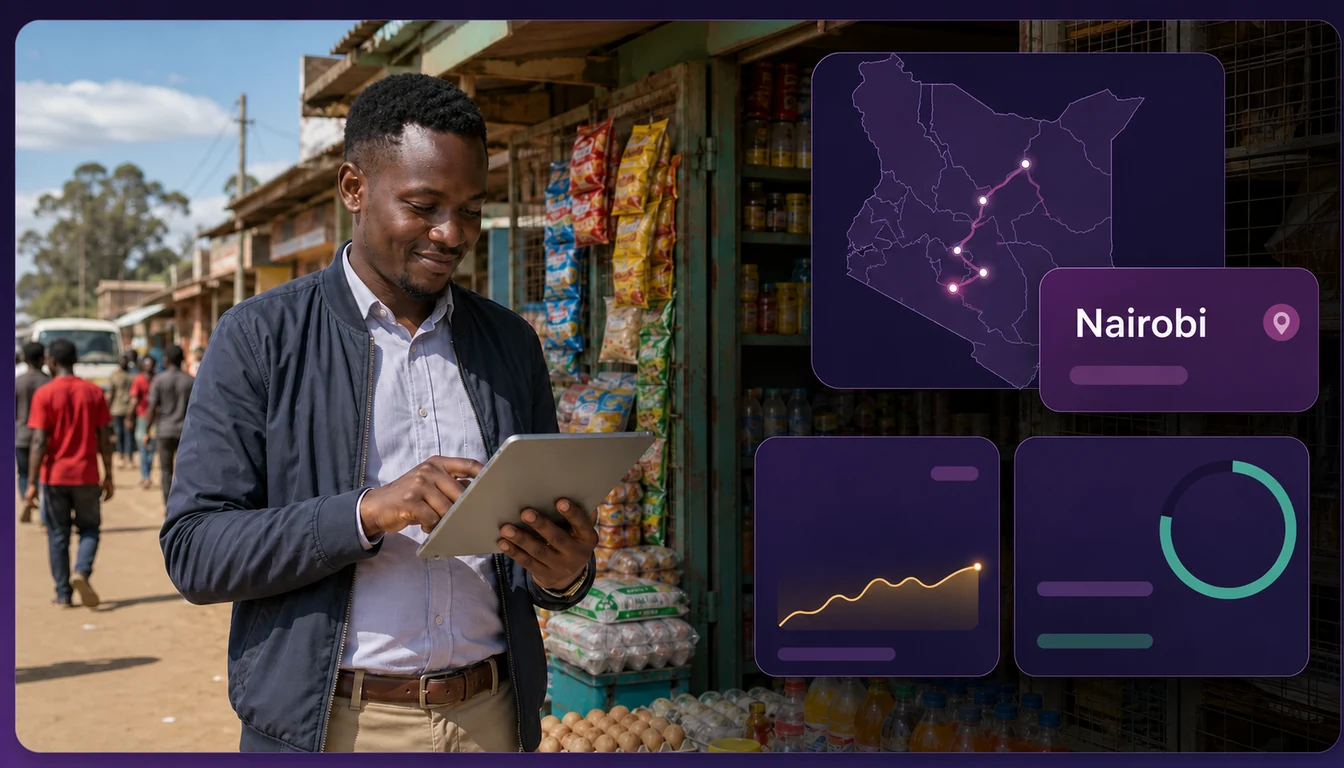 Kenyan field-sales professional using 1Channel beside a Nairobi duka