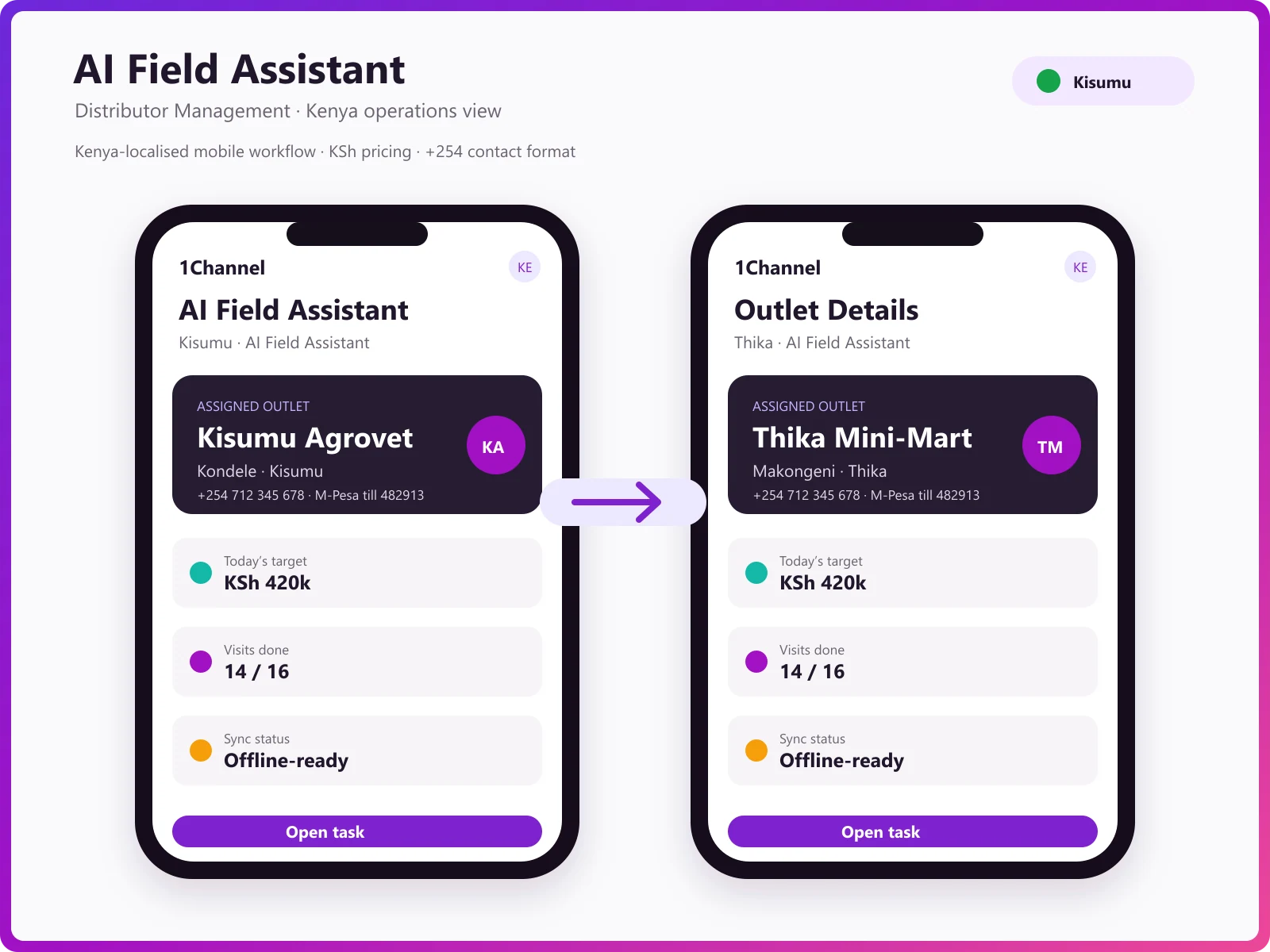 AI-powered DMS mobile app showing conversational AI assistant, order queries, and intelligent automation