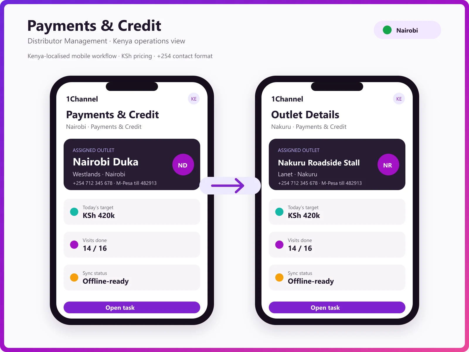 Payment management software mobile app showing outstanding balances, payment recording, and credit status