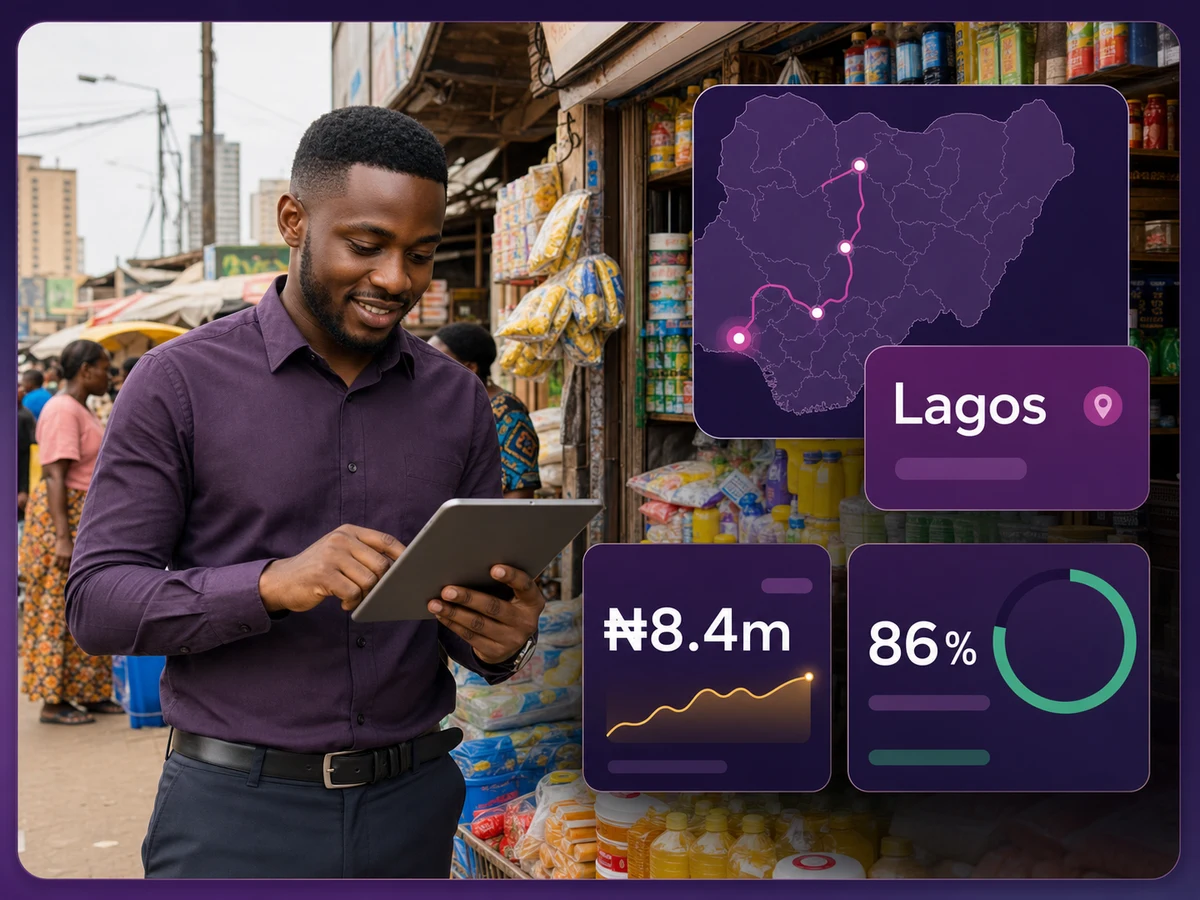 Nigerian field-sales representative using 1Channel beside a Lagos provision store