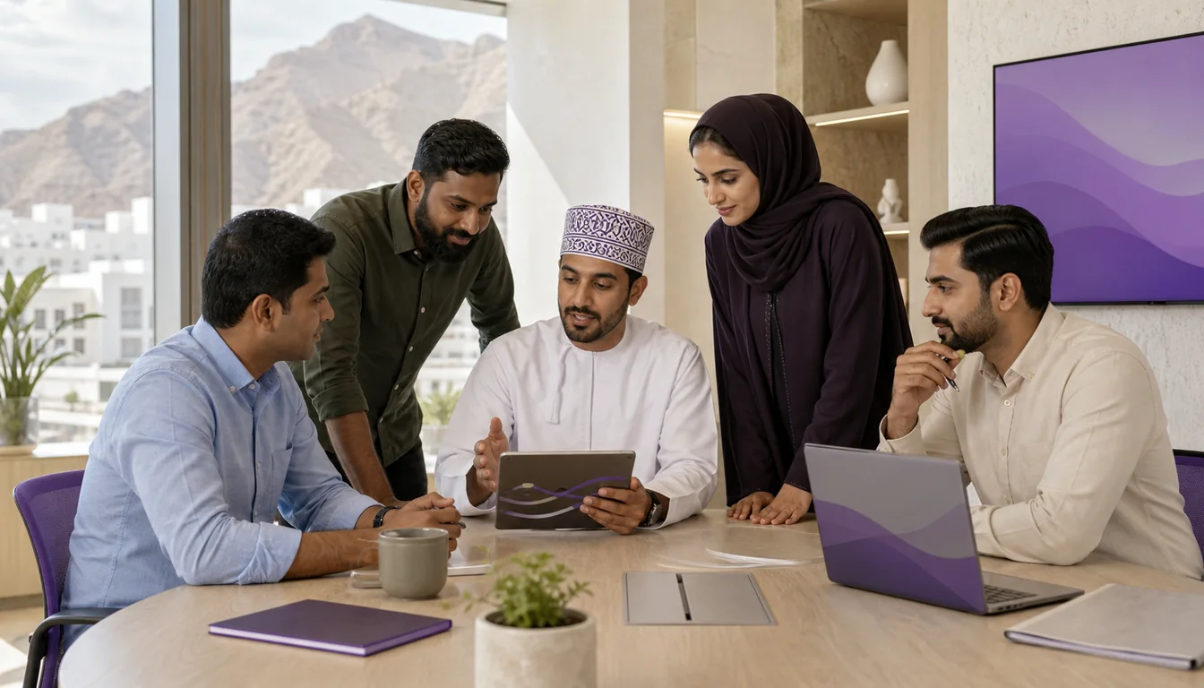 Omani professionals welcoming a new teammate at a collaborative office session