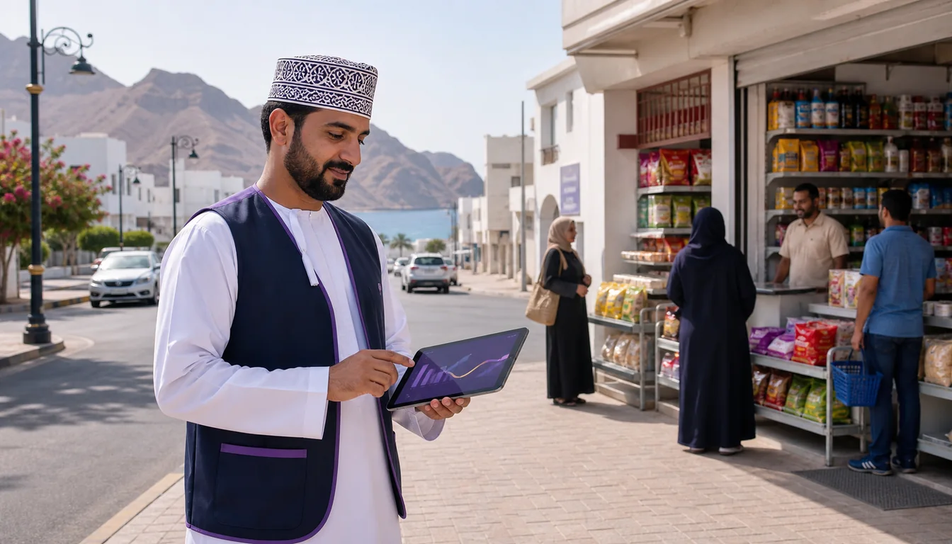 Omani field sales representative using 1Channel beside a baqala in Muscat