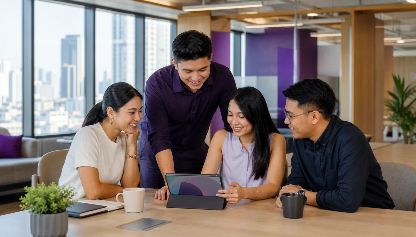 Filipino professionals welcoming a new teammate at a collaborative office session