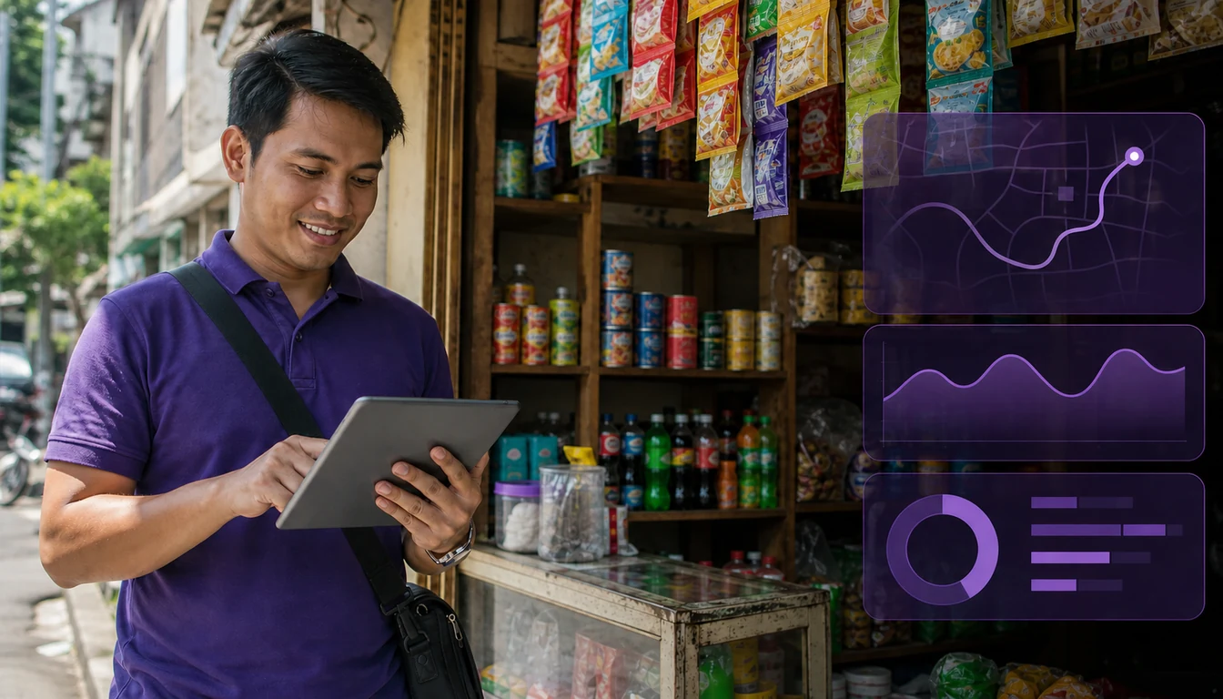 Filipino field-sales representative using 1Channel beside a sari-sari store