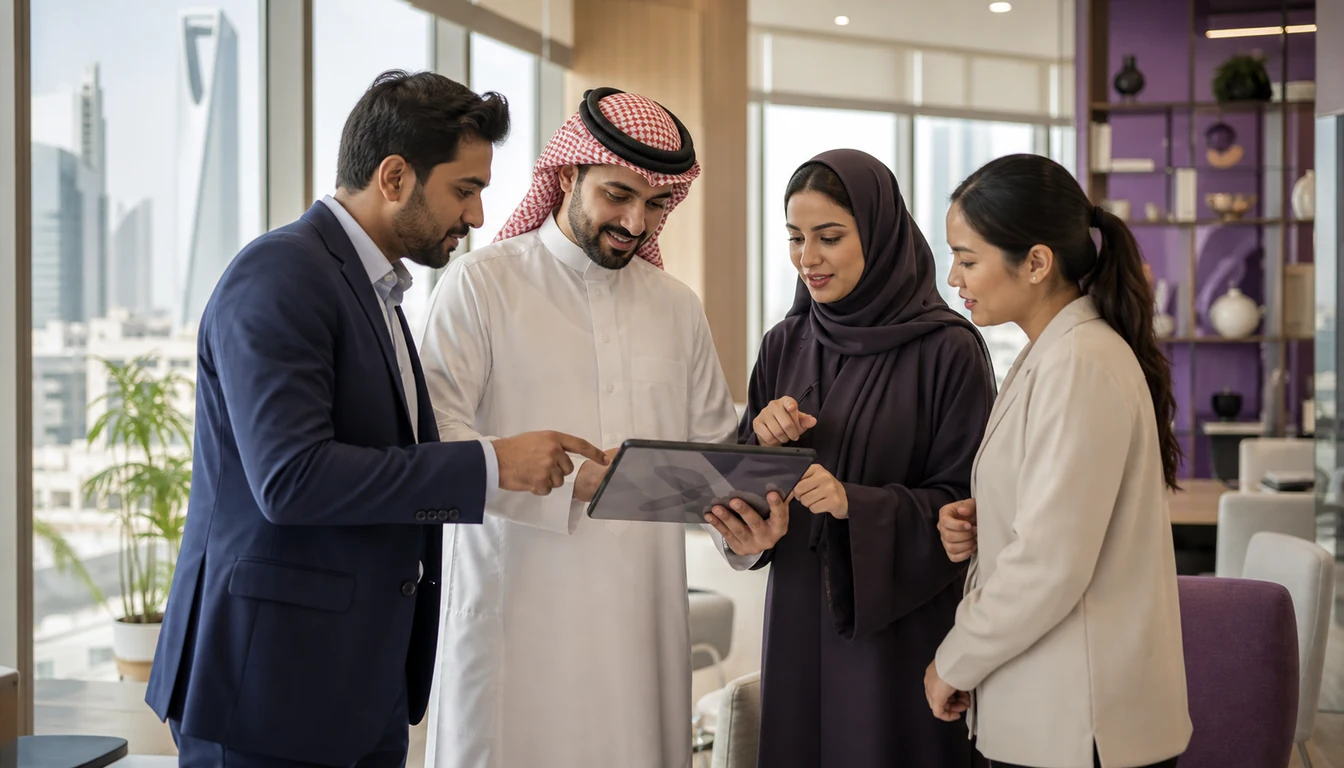 Saudi professionals welcoming a new teammate at a collaborative office session