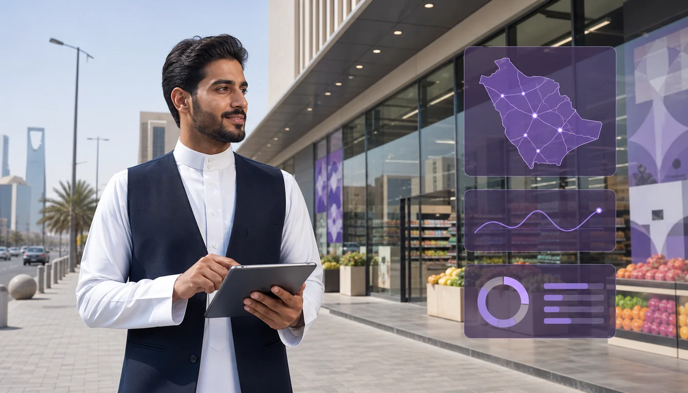 Saudi field-sales representative using 1Channel beside a baqala in Riyadh