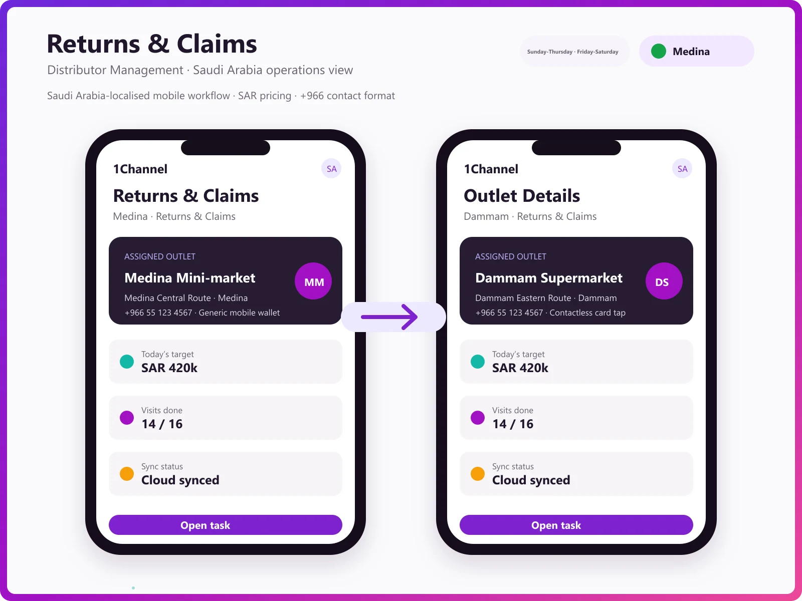 Field order management app showing returns processing, customer creation, and AI assistant