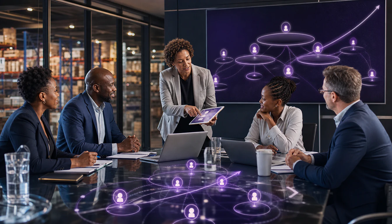 A South African business leader reviewing linked distributor and supplier tiers across a partner network