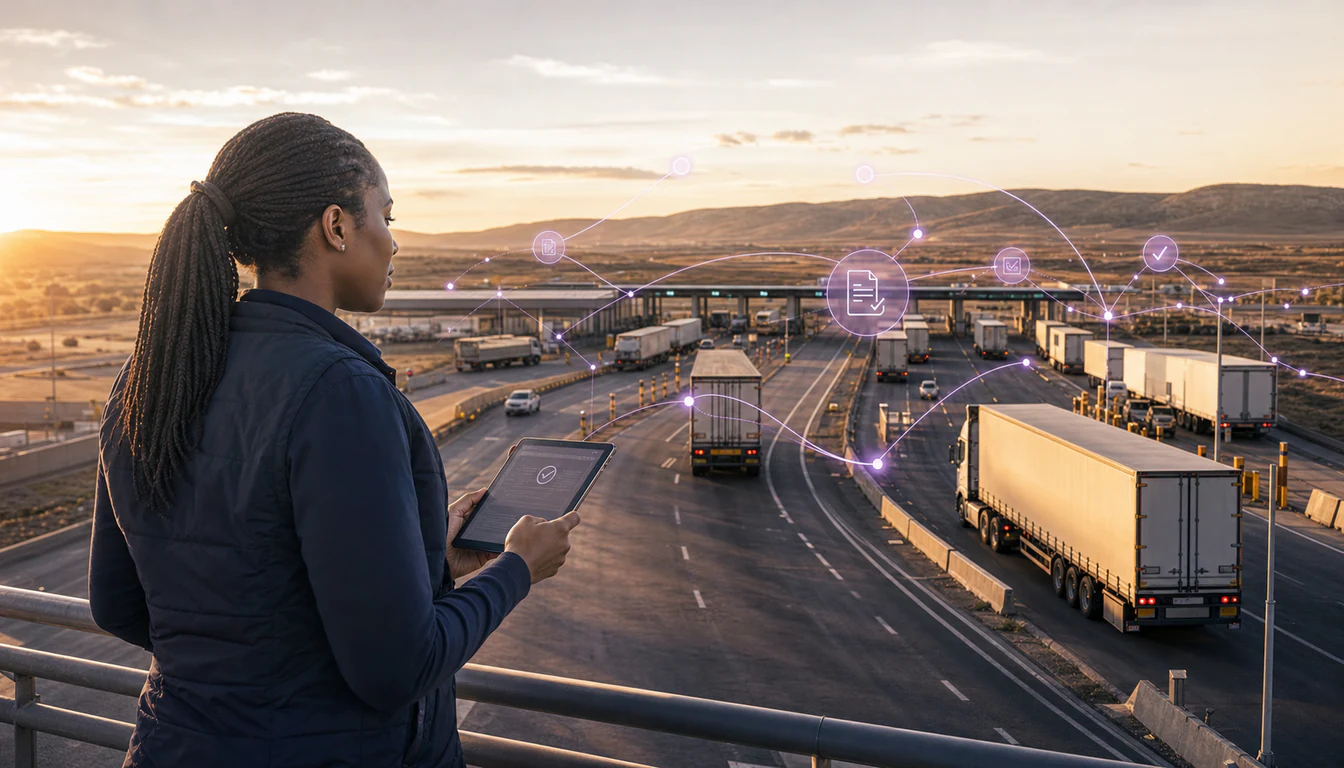 Freight trucks at a symbolic border crossing, with abstract glowing links branching out to neighbouring distribution nodes