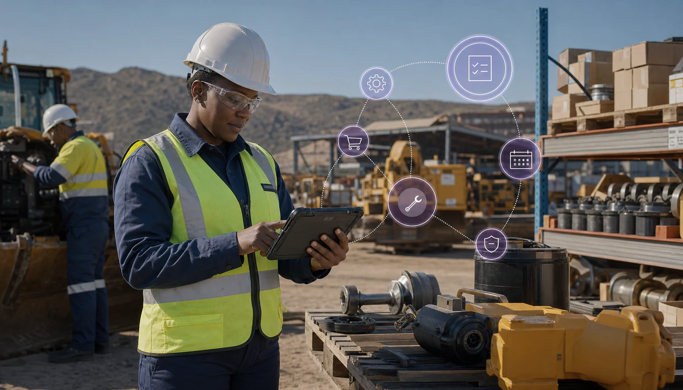 South African industrial sales engineer in high-visibility PPE and a hard hat checking a service schedule on a tablet at an industrial supply yard