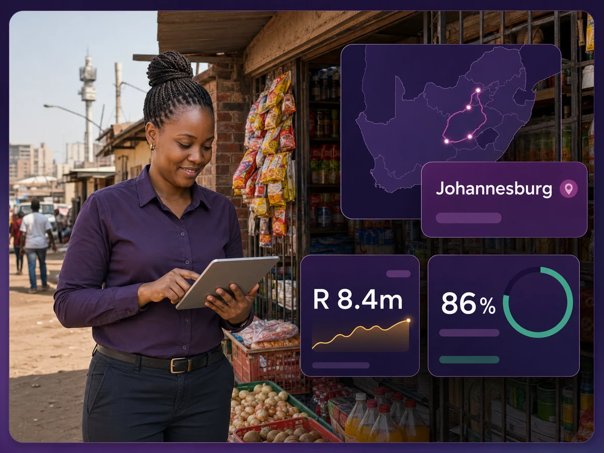 South African field-sales representative using 1Channel beside a township spaza shop
