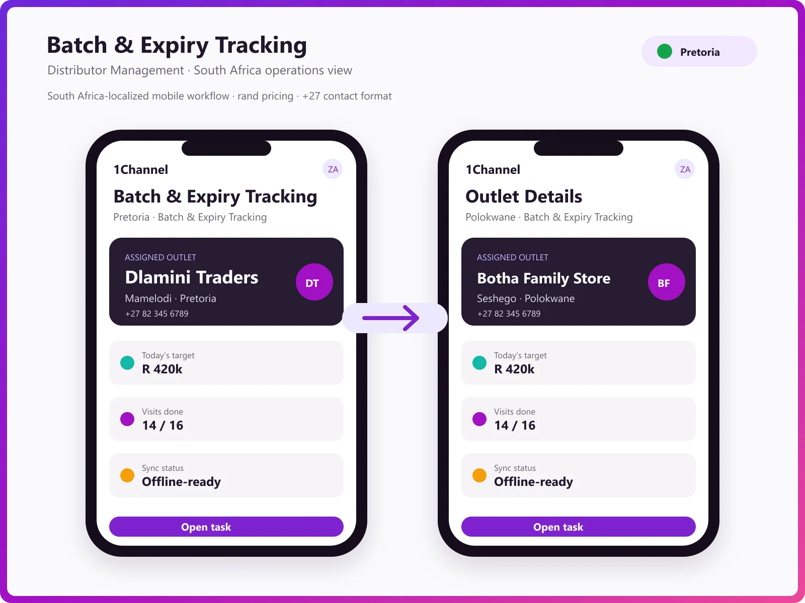 Batch management mobile app showing batch-level inventory, expiry dates, and stock allocation status
