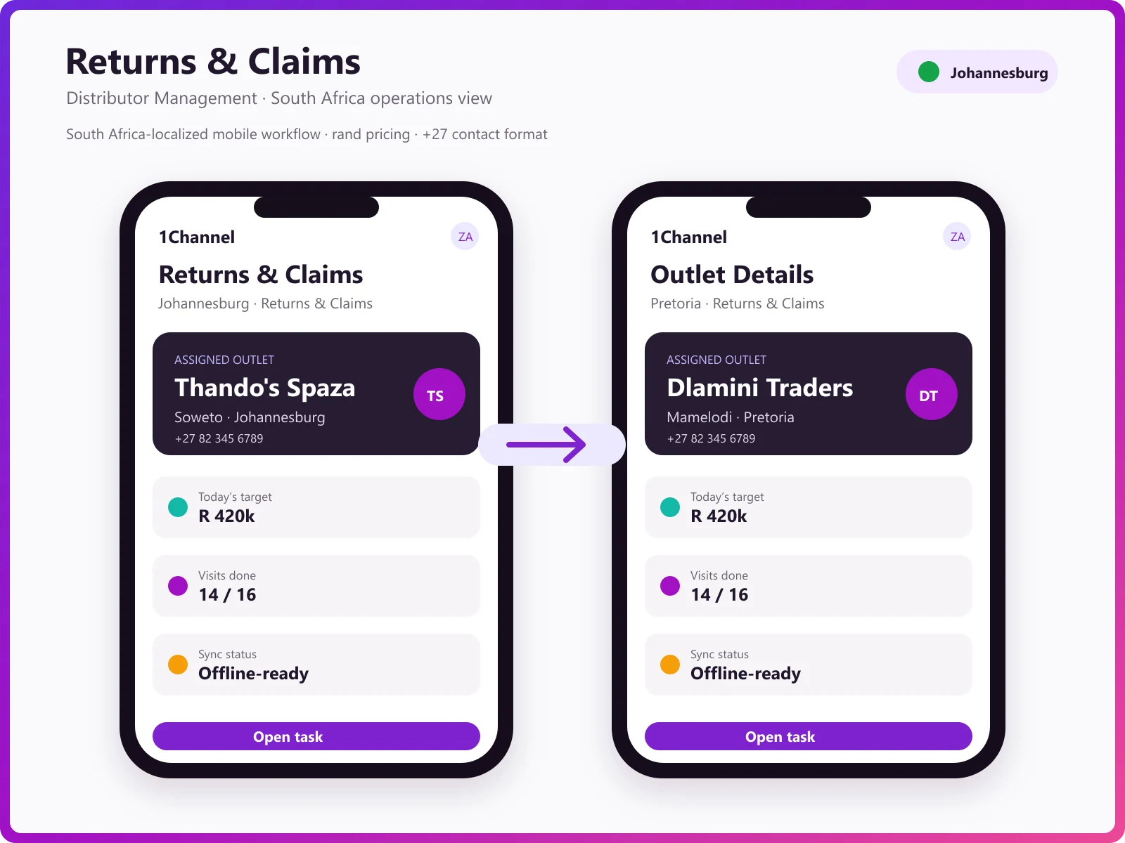 Field order management app showing returns processing, customer creation, and AI assistant
