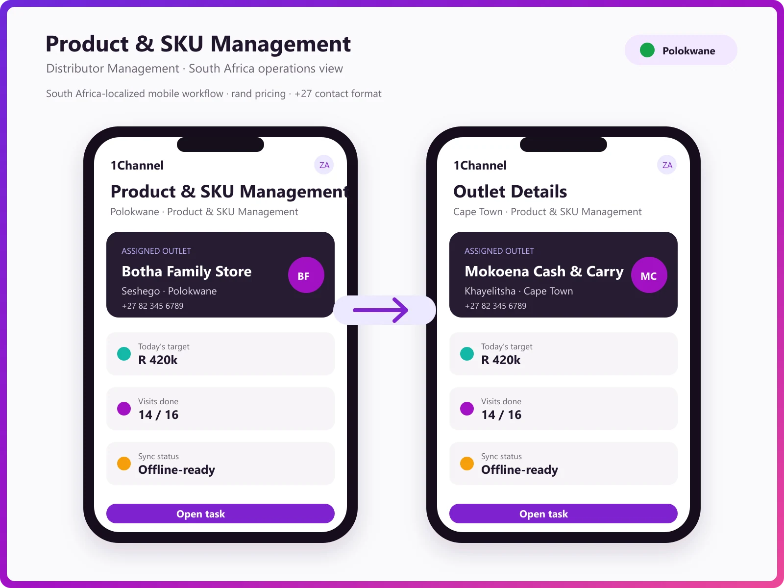 SKU management software mobile app showing product catalogue, order placement, and stock visibility