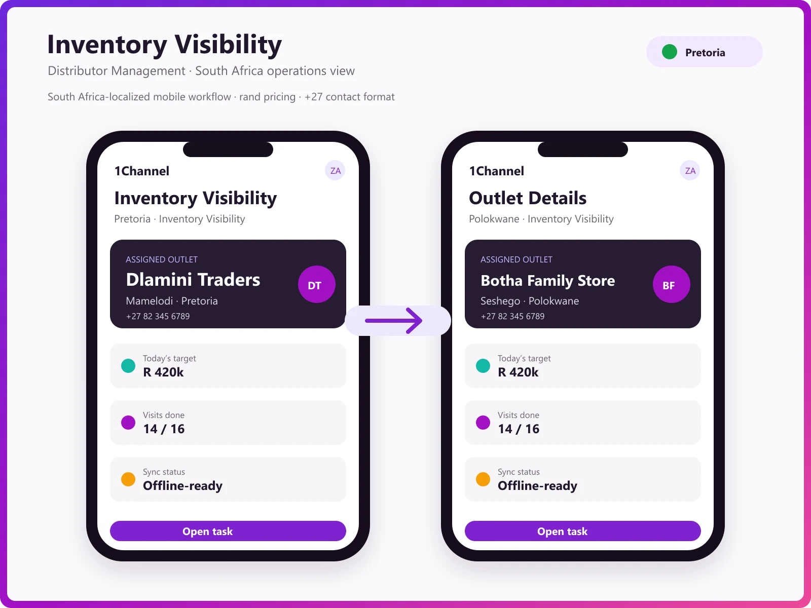 Inventory management mobile app showing stock levels, warehouse transfers, and batch tracking