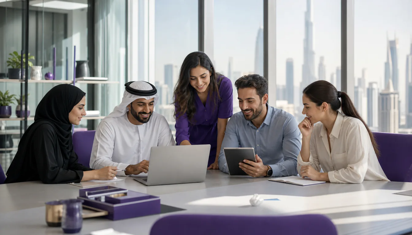 UAE professionals welcoming a new teammate at a collaborative office session