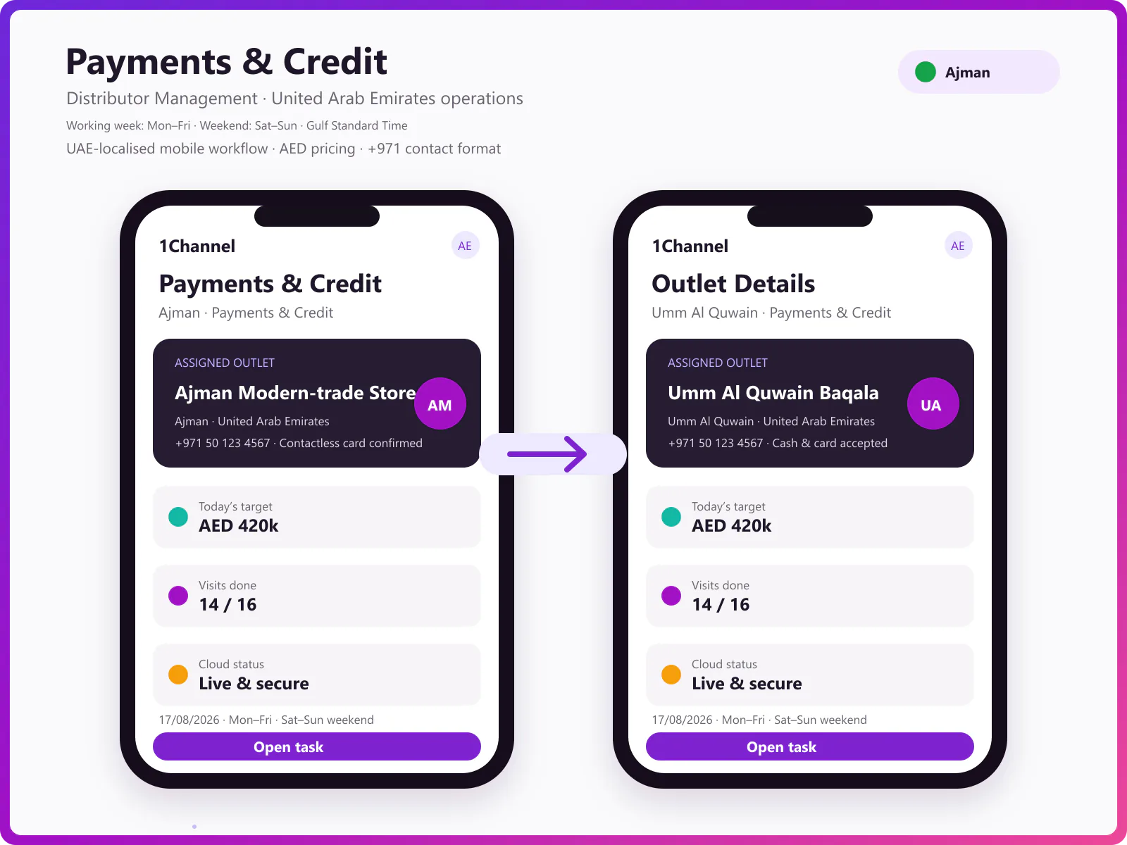 Payment management software mobile app showing outstanding balances, payment recording, and credit status