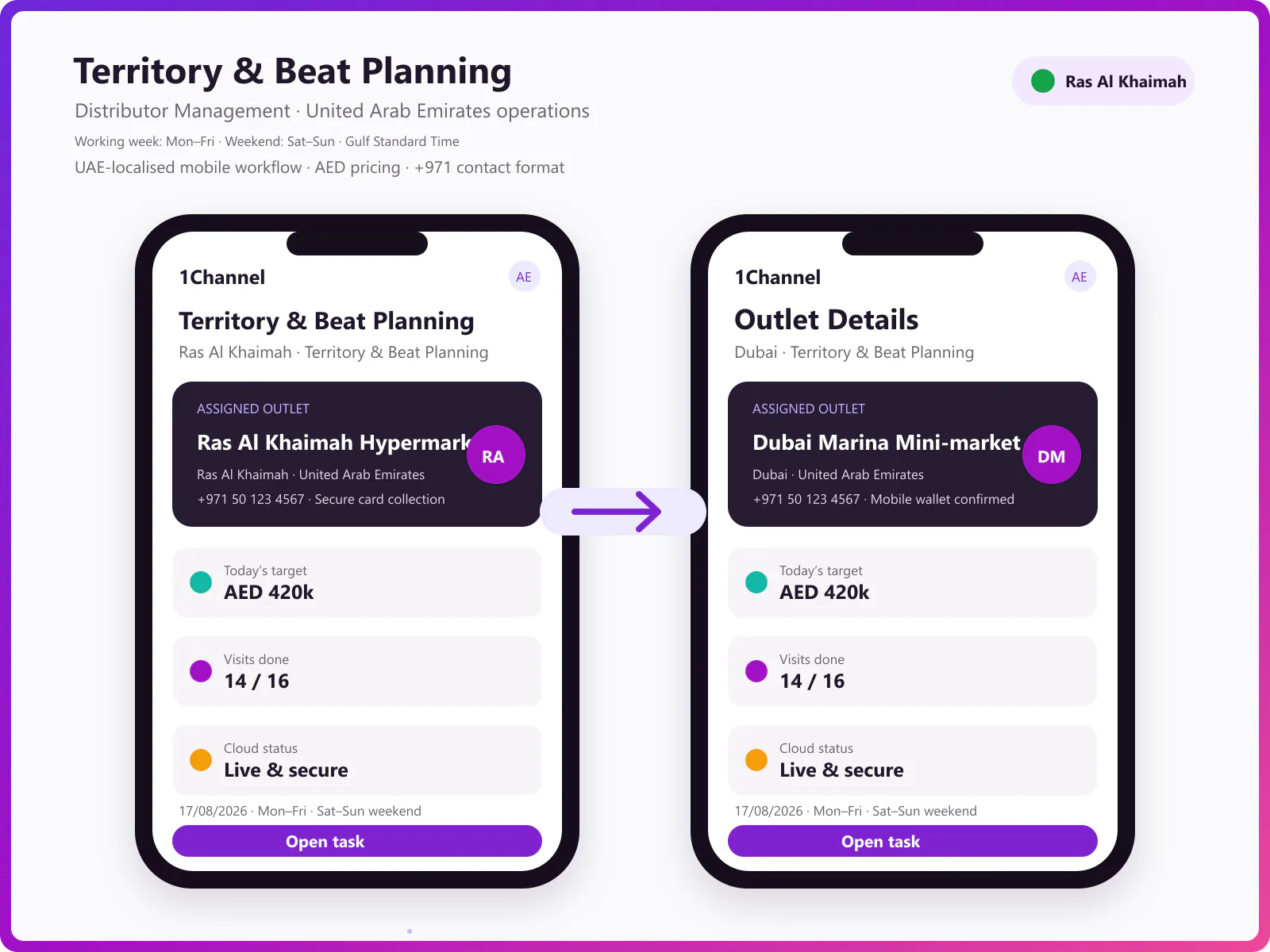 Territory management software mobile app showing beat planning, outlet mapping, and market visit tracking