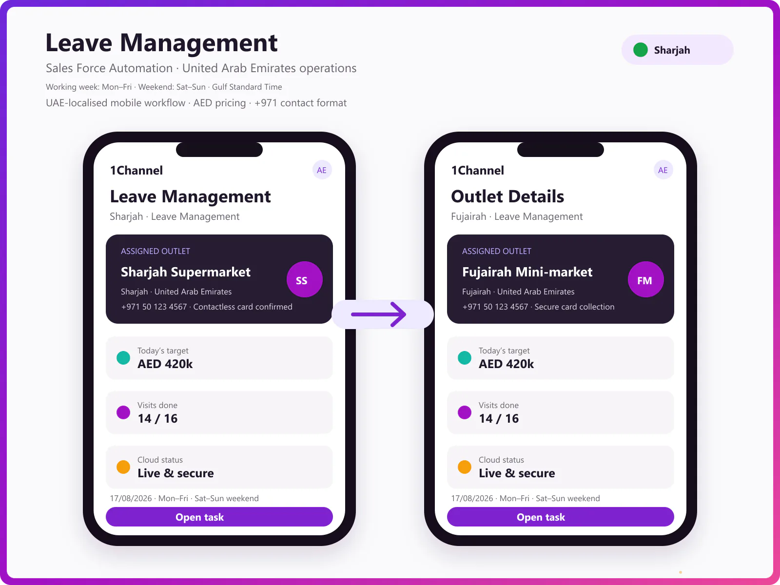 Mobile app leave application screen for UAE field staff